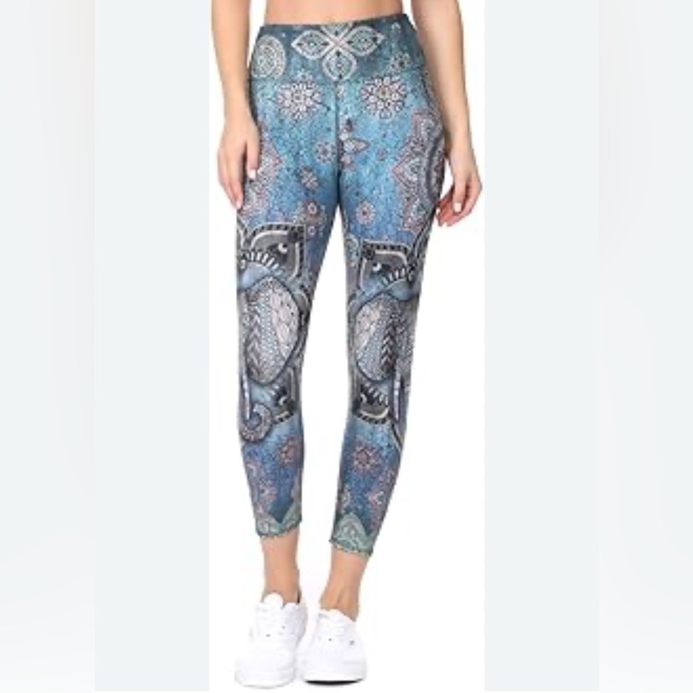 Bohemian Patterned Capri Elephant Blue Pink Yoga Leggings Mandala Sz M